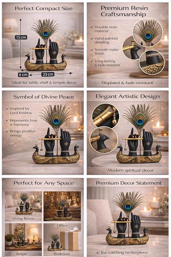 Krishna Hand Showpiece with Metal Flute and Peacock Feather for Home