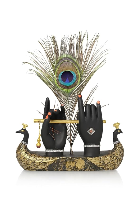 Krishna Hand Showpiece with Metal Flute and Peacock Feather for Home