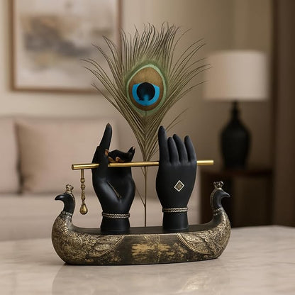 Krishna Hand Showpiece with Metal Flute and Peacock Feather for Home