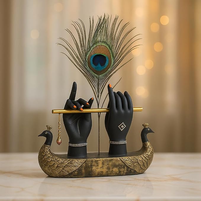 Krishna Hand Showpiece with Metal Flute and Peacock Feather for Home