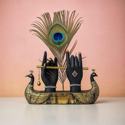 Krishna Hand Showpiece with Metal Flute and Peacock Feather for Home