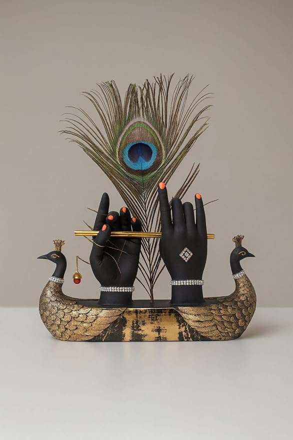 Krishna Hand Showpiece with Metal Flute and Peacock Feather for Home